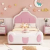 Lit 90x200 cm avec tête de lit en forme de couronne, revêtement simili cuir blanc et rose, cadre métal et panneaux bois>Redom Outlet