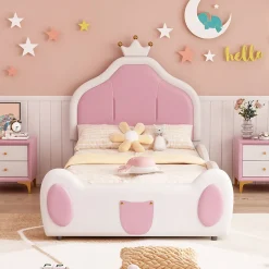 Lit 90x200 cm avec tête de lit en forme de couronne, revêtement simili cuir blanc et rose, cadre métal et panneaux bois>Redom Outlet