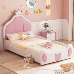 Lit 90x200 cm avec tête de lit en forme de couronne, revêtement simili cuir blanc et rose, cadre métal et panneaux bois>Redom Outlet
