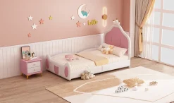 Lit 90x200 cm avec tête de lit en forme de couronne, revêtement simili cuir blanc et rose, cadre métal et panneaux bois><noscript><img width=
