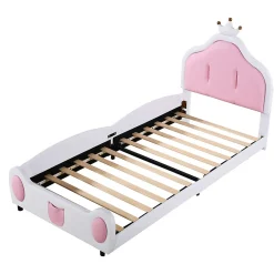 Lit 90x200 cm avec tête de lit en forme de couronne, revêtement simili cuir blanc et rose, cadre métal et panneaux bois><noscript><img width=