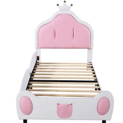 Lit 90x200 cm avec tête de lit en forme de couronne, revêtement simili cuir blanc et rose, cadre métal et panneaux bois><noscript><img width=