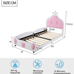 Lit 90x200 cm avec tête de lit en forme de couronne, revêtement simili cuir blanc et rose, cadre métal et panneaux bois><noscript><img width=