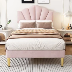Lit 90x200 cm avec tête de lit coquillage réglable et pieds métal doré, velours rose, design élégant><noscript><img width=