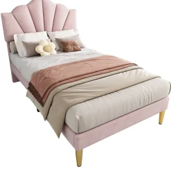 Lit 90x200 cm avec tête de lit coquillage réglable et pieds métal doré, velours rose, design élégant><noscript><img width=