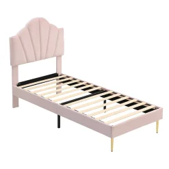 Lit 90x200 cm avec tête de lit coquillage réglable et pieds métal doré, velours rose, design élégant><noscript><img width=