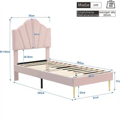 Lit 90x200 cm avec tête de lit coquillage réglable et pieds métal doré, velours rose, design élégant><noscript><img width=