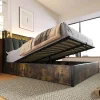 Lit 160x200 cm avec tête de lit LED RGBW, coffre de rangement, cadre métal et revêtement lin gris contemporain>Redom New