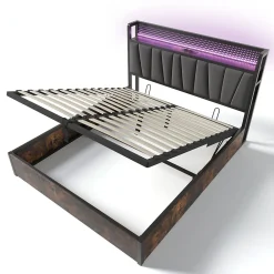 Lit 160x200 cm avec tête de lit LED RGBW, coffre de rangement, cadre métal et revêtement lin gris contemporain><noscript><img width=