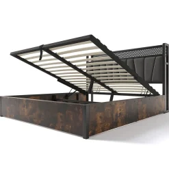 Lit 160x200 cm avec tête de lit LED RGBW, coffre de rangement, cadre métal et revêtement lin gris contemporain><noscript><img width=