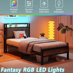 Redom Lit 90x200 cm avec tête de lit haute et LED multicolore, station de charge USB intégrée et cadre métal* Lit Simple