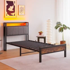 Redom Lit 90x200 cm avec tête de lit haute et LED multicolore, station de charge USB intégrée et cadre métal* Lit Simple