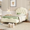 Lit 90x200 cm avec tête de lit ondulée et bande LED multicolore intégrée, tapissé PU beige, lattes en bois>Redom New