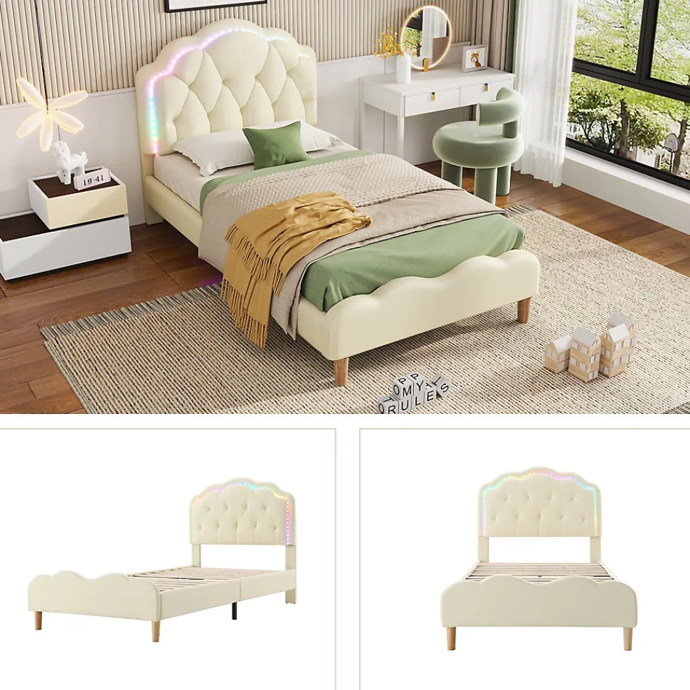 Lit 90x200 cm avec tête de lit ondulée et bande LED multicolore intégrée, tapissé PU beige, lattes en bois>Redom New