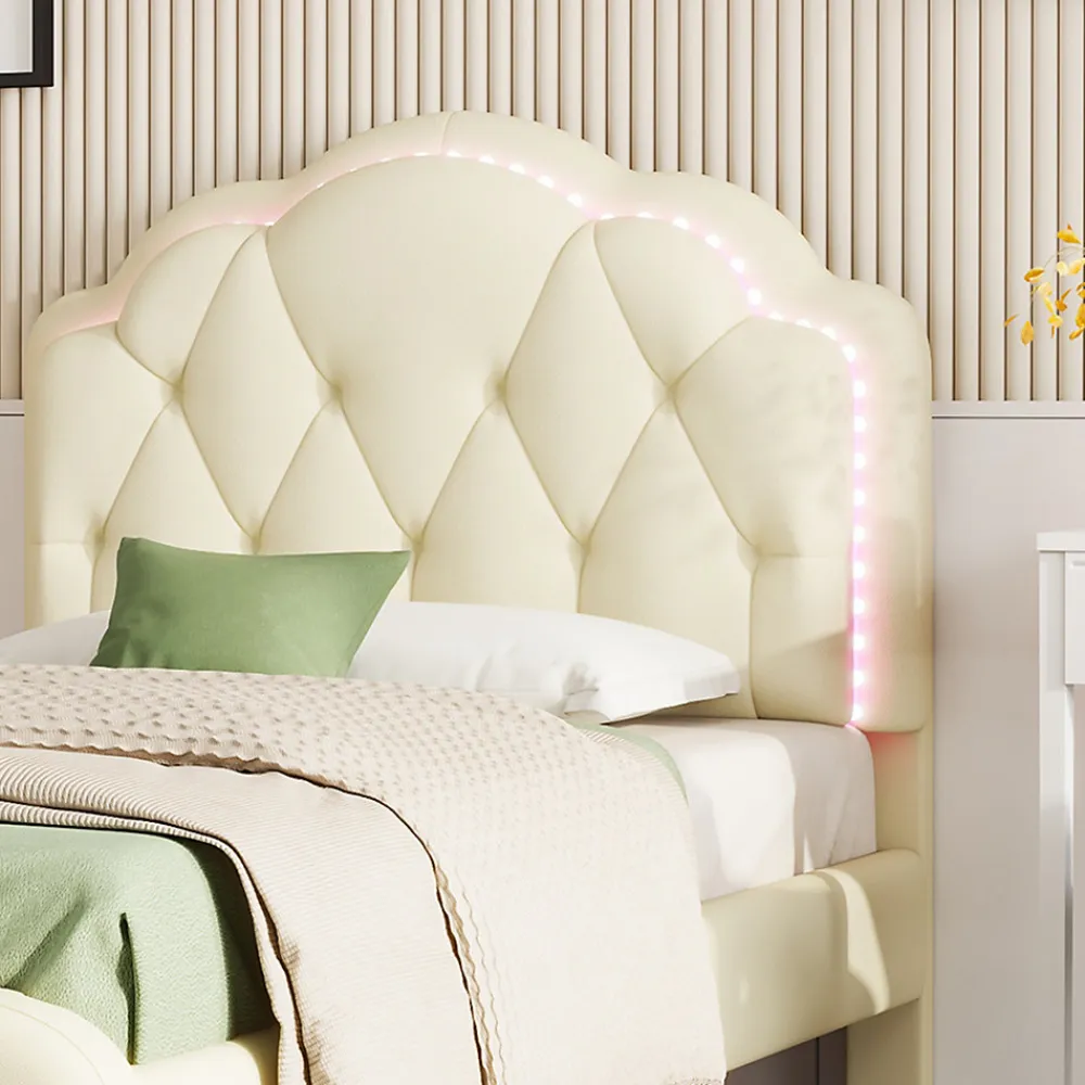 Lit 90x200 cm avec tête de lit ondulée et bande LED multicolore intégrée, tapissé PU beige, lattes en bois>Redom New
