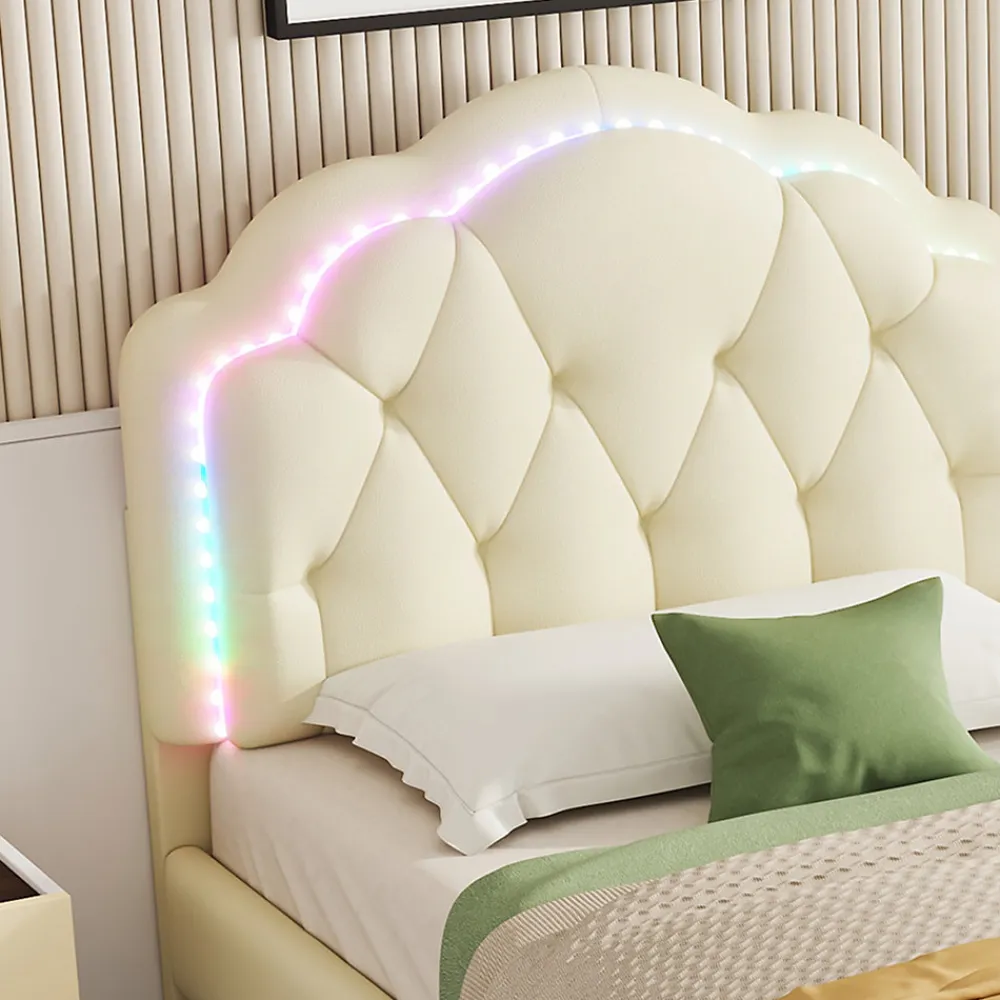 Lit 90x200 cm avec tête de lit ondulée et bande LED multicolore intégrée, tapissé PU beige, lattes en bois>Redom New