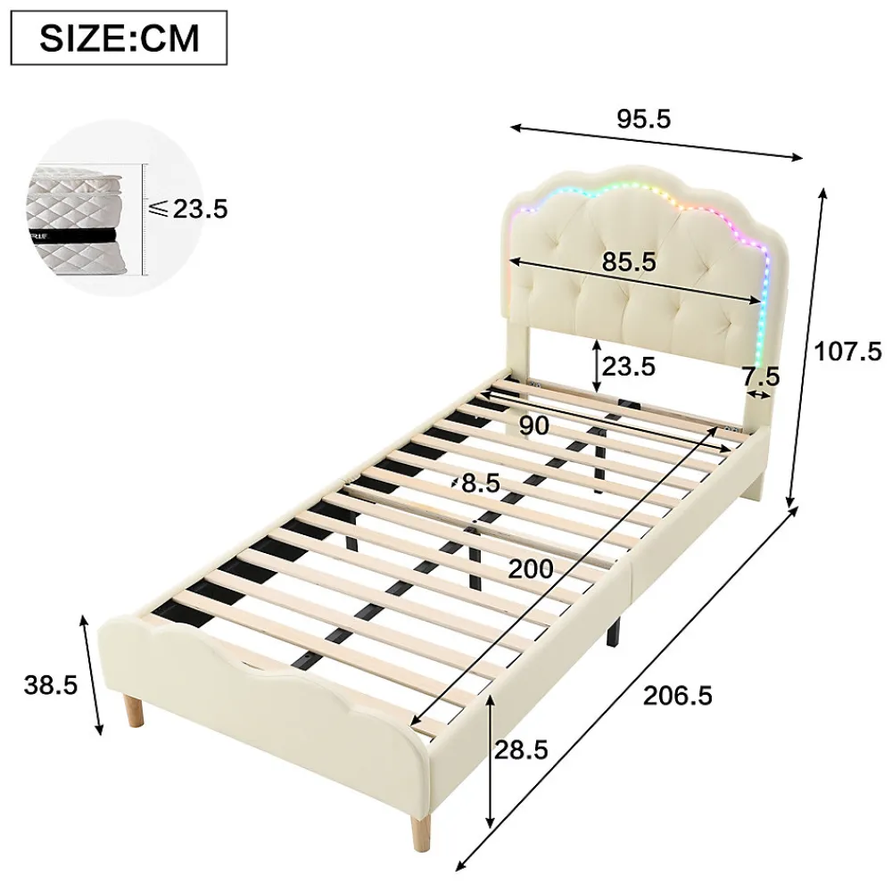 Lit 90x200 cm avec tête de lit ondulée et bande LED multicolore intégrée, tapissé PU beige, lattes en bois>Redom New