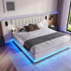 Lit 180x200 cm avec tête de lit à spots, LED multicolore intégrée et port USB, habillage lin beige>Redom Hot