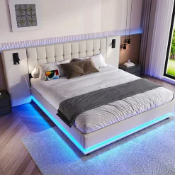 Lit 180x200 cm avec tête de lit à spots, LED multicolore intégrée et port USB, habillage lin beige>Redom Hot