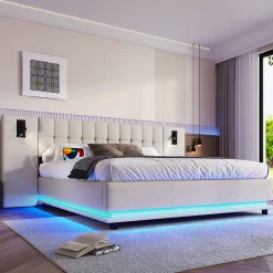 Lit 180x200 cm avec tête de lit à spots, LED multicolore intégrée et port USB, habillage lin beige>Redom Hot