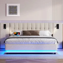 Lit 180x200 cm avec tête de lit à spots, LED multicolore intégrée et port USB, habillage lin beige><noscript><img width=