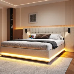 Lit 180x200 cm avec tête de lit à spots, LED multicolore intégrée et port USB, habillage lin beige><noscript><img width=