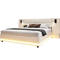 Lit 180x200 cm avec tête de lit à spots, LED multicolore intégrée et port USB, habillage lin beige><noscript><img width=
