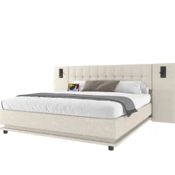 Lit 180x200 cm avec tête de lit à spots, LED multicolore intégrée et port USB, habillage lin beige><noscript><img width=