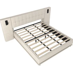 Lit 180x200 cm avec tête de lit à spots, LED multicolore intégrée et port USB, habillage lin beige><noscript><img width=