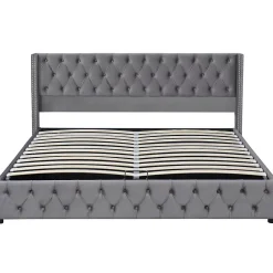 Redom Lit 180x200 cm avec tête de lit capitonnée en velours gris et rangement hydraulique, cadre bois et métal* Lit Avec Rangement