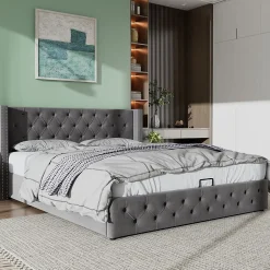Redom Lit 180x200 cm avec tête de lit capitonnée en velours gris et rangement hydraulique, cadre bois et métal* Lit Avec Rangement