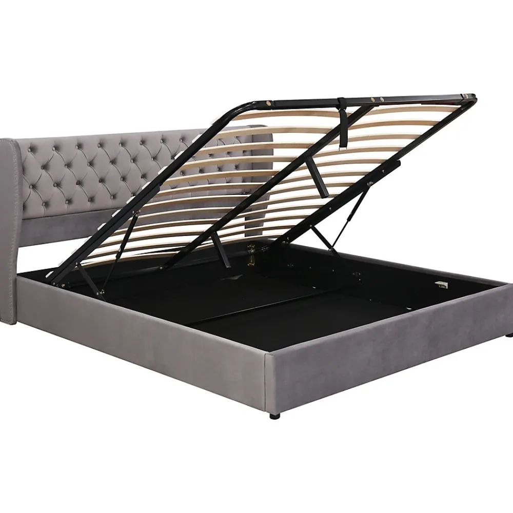 Lit 180x200 cm avec tête de lit capitonnée en velours, coffre hydraulique intégré et cadre bois/métal gris>Redom Clearance