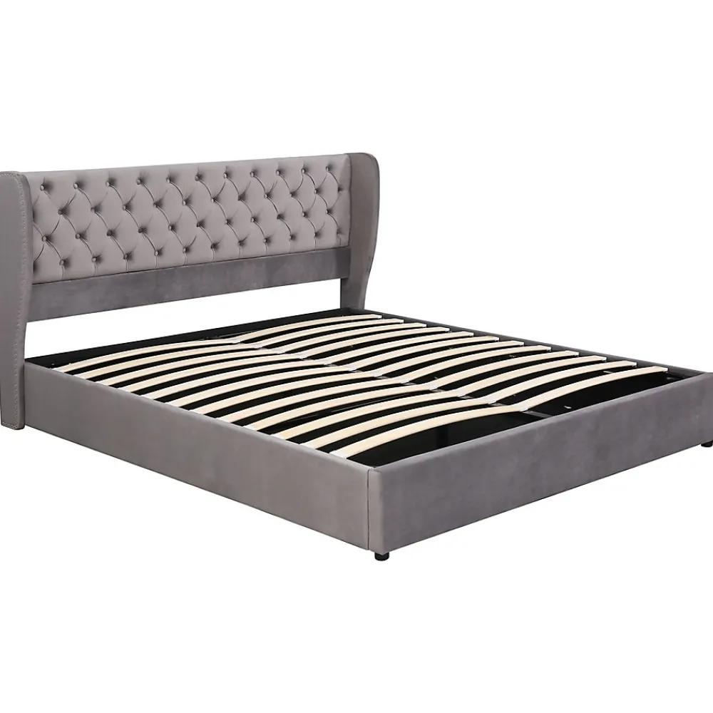 Lit 180x200 cm avec tête de lit capitonnée en velours, coffre hydraulique intégré et cadre bois/métal gris>Redom Clearance