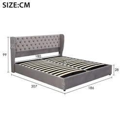 Lit 180x200 cm avec tête de lit capitonnée en velours, coffre hydraulique intégré et cadre bois/métal gris><noscript><img width=