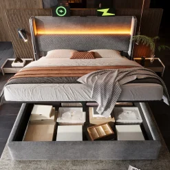 Lit 180x200 cm avec tête de lit haute tapissée lin, rangement hydraulique, LED intégrée et port USB/Type-C>Redom Best