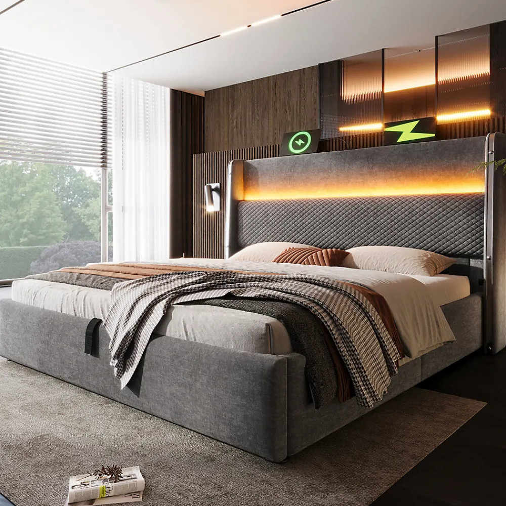 Lit 180x200 cm avec tête de lit haute tapissée lin, rangement hydraulique, LED intégrée et port USB/Type-C>Redom Best