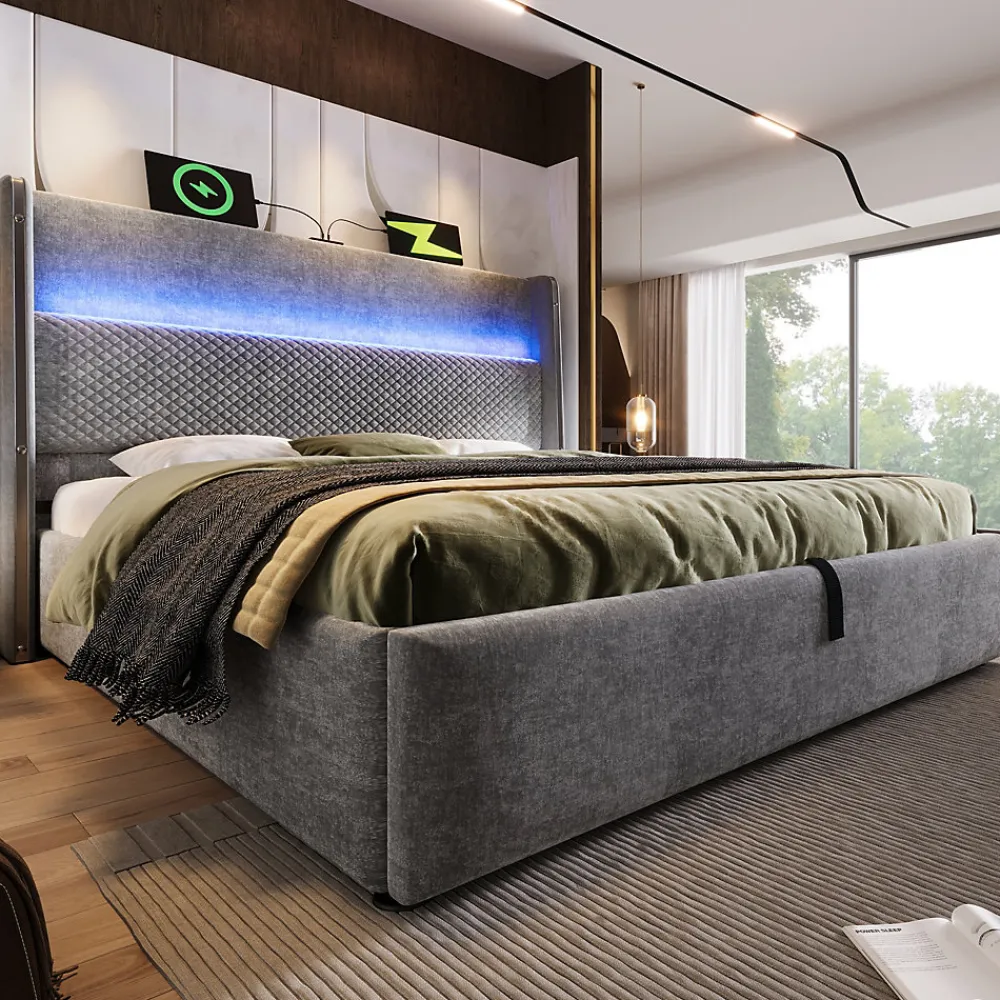 Lit 180x200 cm avec tête de lit haute tapissée lin, rangement hydraulique, LED intégrée et port USB/Type-C>Redom Best