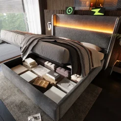 Lit 180x200 cm avec tête de lit haute tapissée lin, rangement hydraulique, LED intégrée et port USB/Type-C><noscript><img width=