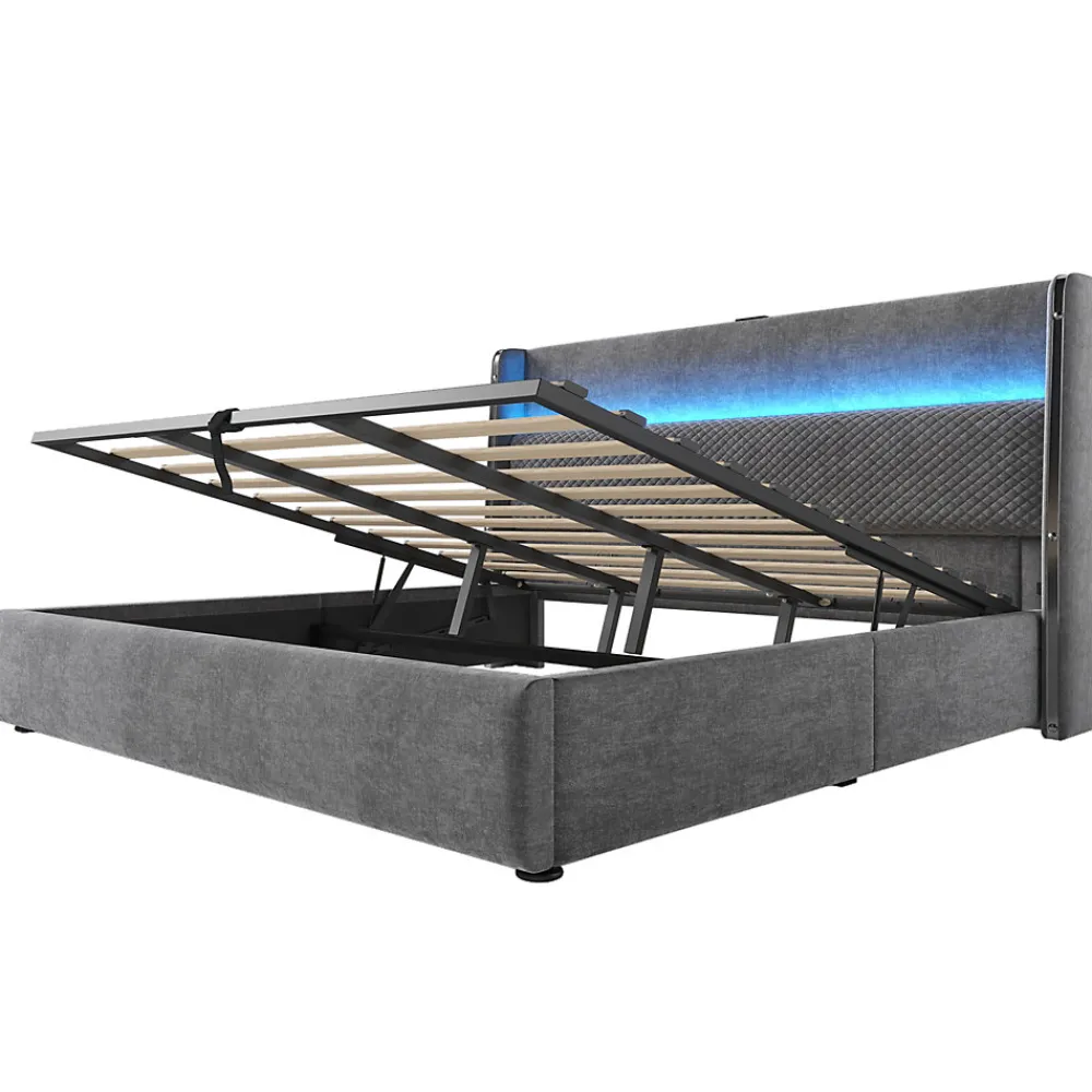 Lit 180x200 cm avec tête de lit haute tapissée lin, rangement hydraulique, LED intégrée et port USB/Type-C>Redom Best