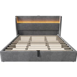 Lit 180x200 cm avec tête de lit haute tapissée lin, rangement hydraulique, LED intégrée et port USB/Type-C><noscript><img width=