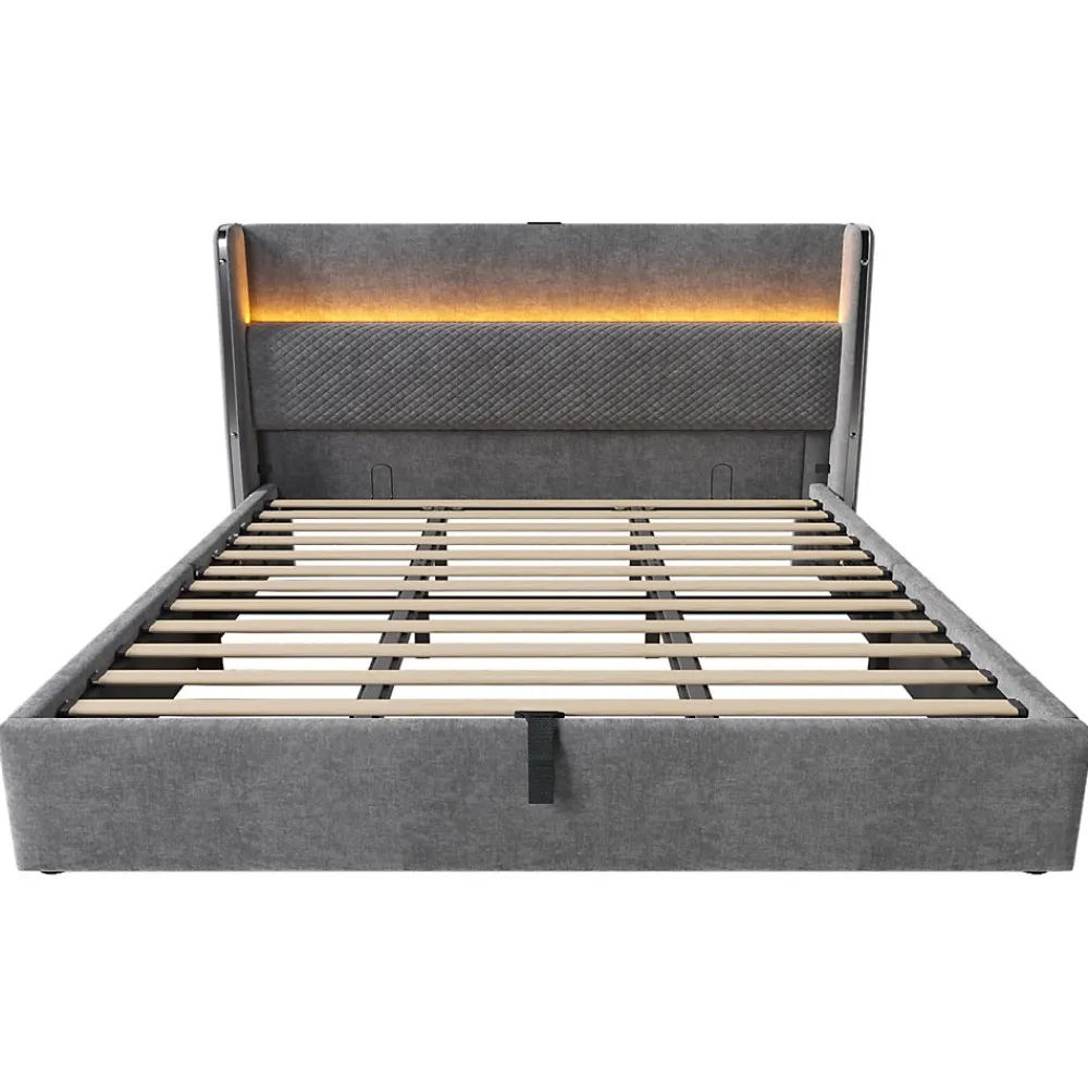 Lit 180x200 cm avec tête de lit haute tapissée lin, rangement hydraulique, LED intégrée et port USB/Type-C>Redom Best