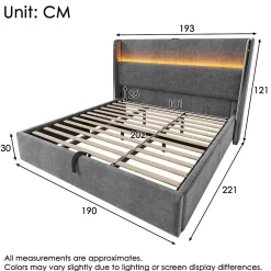 Lit 180x200 cm avec tête de lit haute tapissée lin, rangement hydraulique, LED intégrée et port USB/Type-C><noscript><img width=