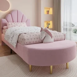 Lit 90x200 cm avec tête de lit en velours rose et banquette assortie, cadre métal robuste et stable>Redom Outlet