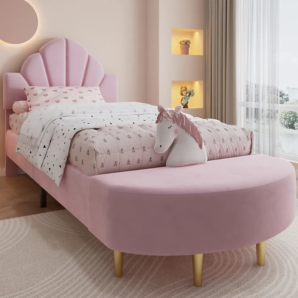 Lit 90x200 cm avec tête de lit en velours rose et banquette assortie, cadre métal robuste et stable>Redom Outlet
