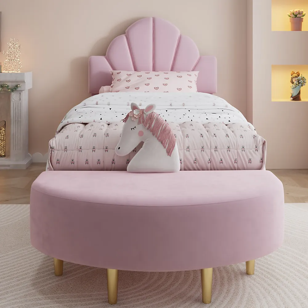 Lit 90x200 cm avec tête de lit en velours rose et banquette assortie, cadre métal robuste et stable>Redom Outlet
