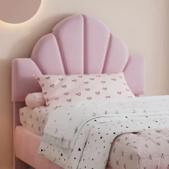 Lit 90x200 cm avec tête de lit en velours rose et banquette assortie, cadre métal robuste et stable><noscript><img width=
