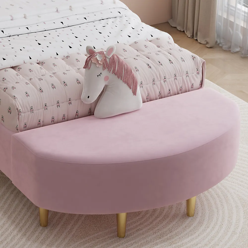 Lit 90x200 cm avec tête de lit en velours rose et banquette assortie, cadre métal robuste et stable>Redom Outlet