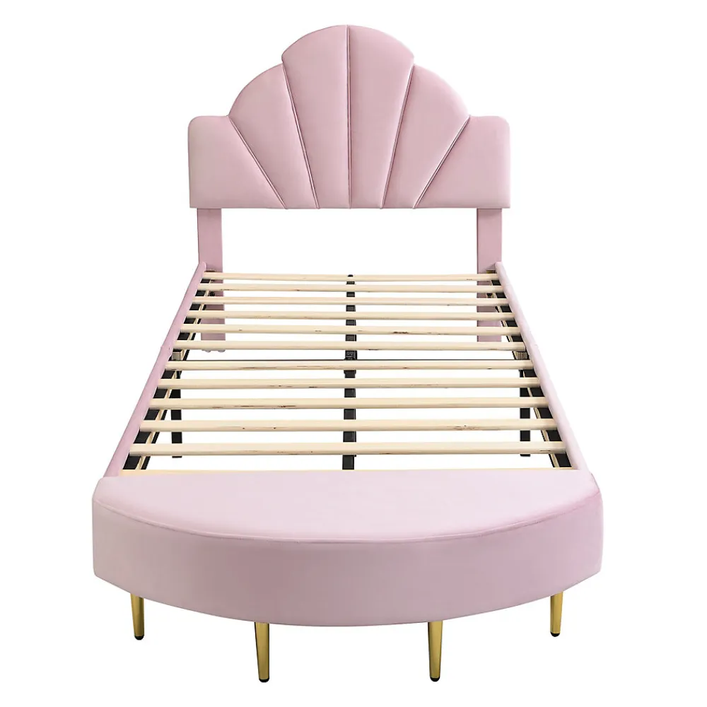 Lit 90x200 cm avec tête de lit en velours rose et banquette assortie, cadre métal robuste et stable>Redom Outlet