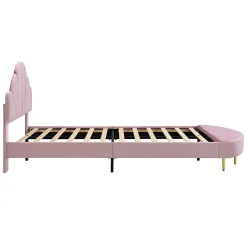Lit 90x200 cm avec tête de lit en velours rose et banquette assortie, cadre métal robuste et stable><noscript><img width=