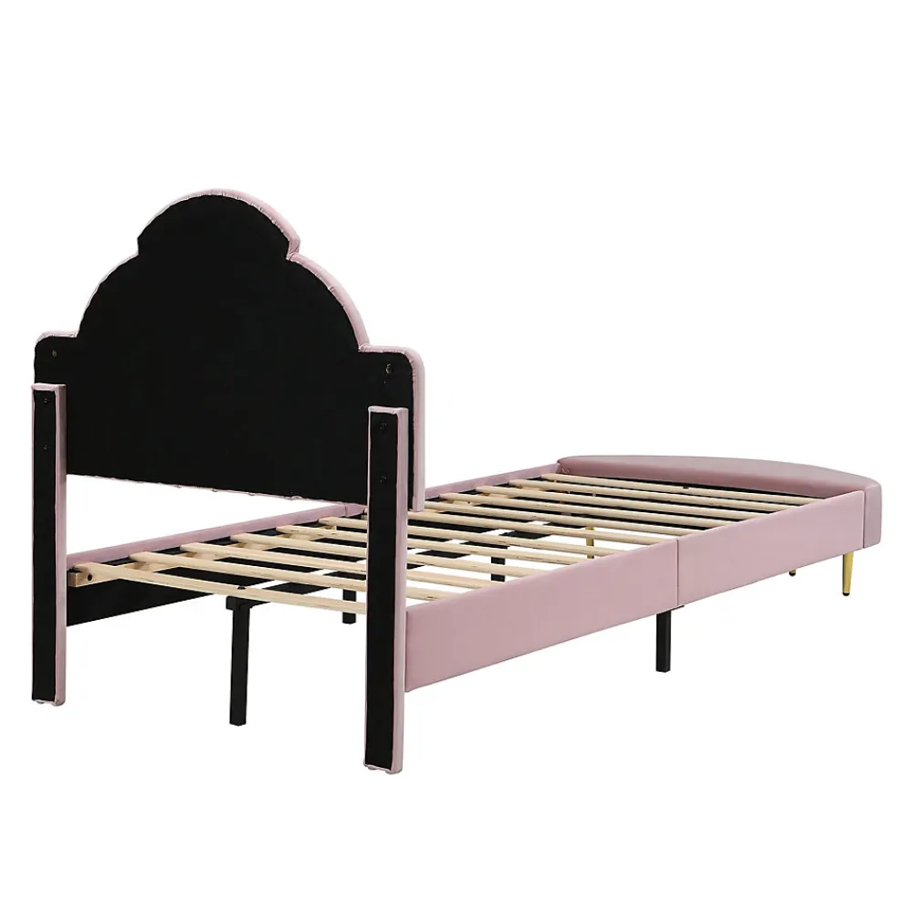 Lit 90x200 cm avec tête de lit en velours rose et banquette assortie, cadre métal robuste et stable>Redom Outlet